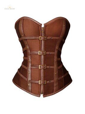 Satin Boned Overbust Corset Top with Buckles, Gothic Punk Waist Cincher